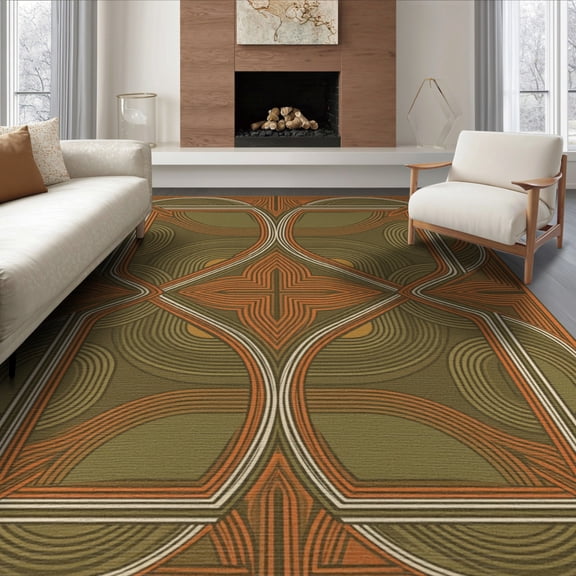 ODIKA 8'x10' Washable Area Rug Tone Earthy Abstract Vintage Balanced Shapes Contemporary Terracotta for Living Room, Under Sectional, Family , Durable, Non-Slip