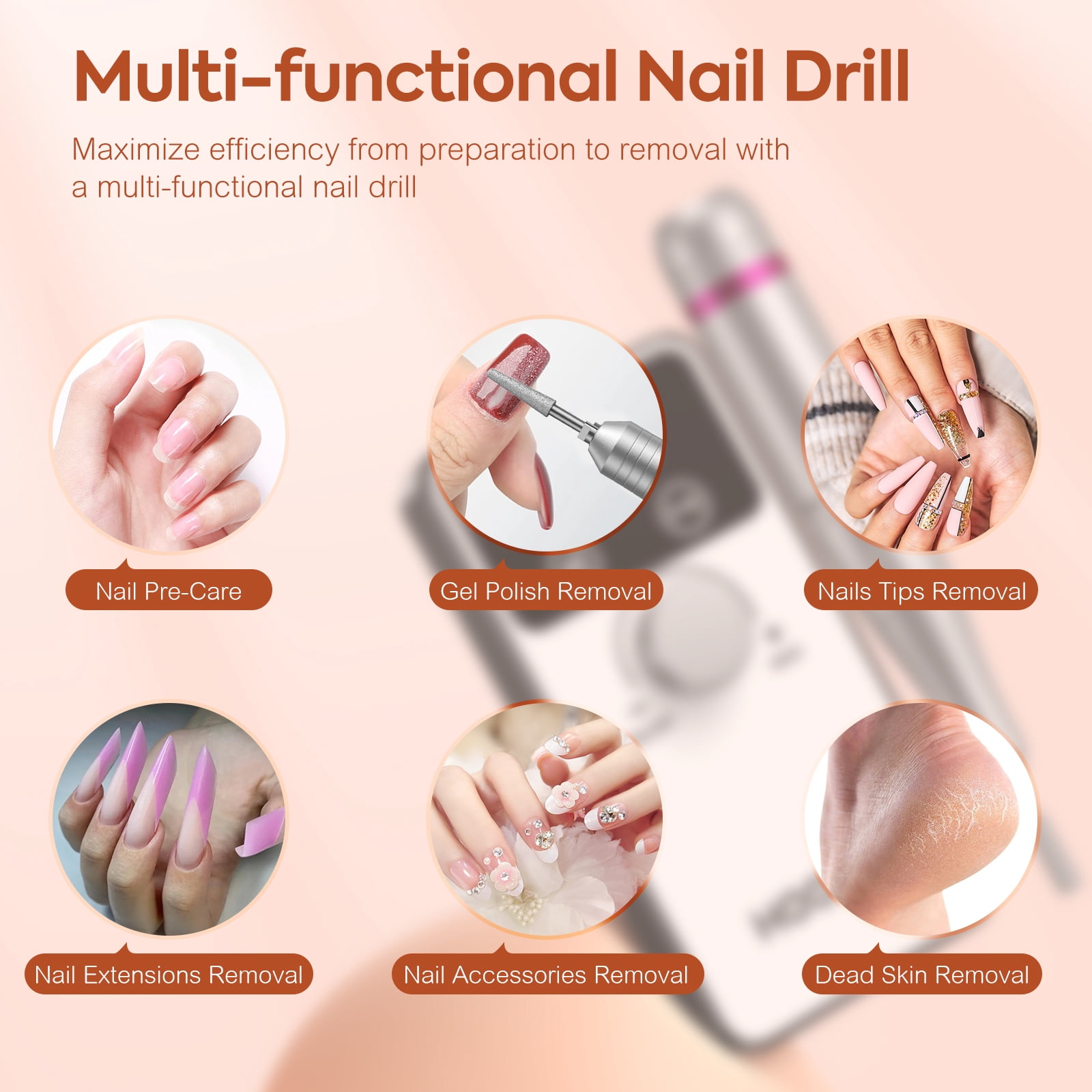 HOOICB Nail Drill, 45000rpm Professional Drills for Acrylic Nails, Portable Electric File Manicure Tools, Cordless Rechargeable Efile Kit
