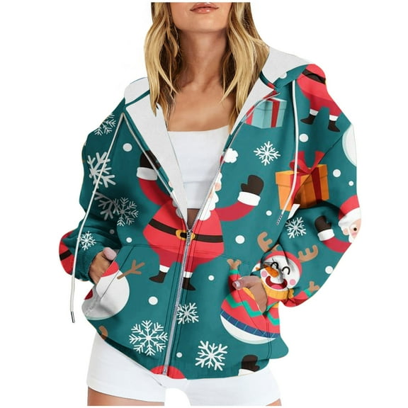 WXLWZYWL Oversized Hoodie for Women Zip Up Christmas Bell Y2K Fleece Long Sleeve Jacket Coat Xmas Sweatshrits
