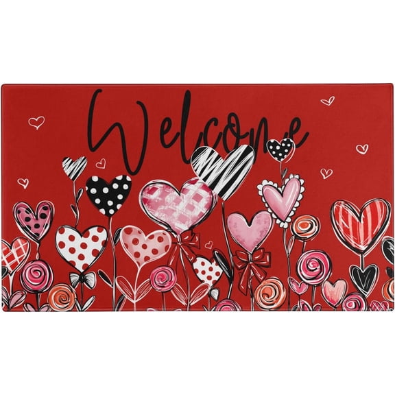 Valentine''s Door Mat, Red Buffalo Plaid Love Hearts Leaves Indoor Outdoor Non-Slip Doormat, Entryway Front Porch Welcome Mat for Entrance Decor, 30" x 17"