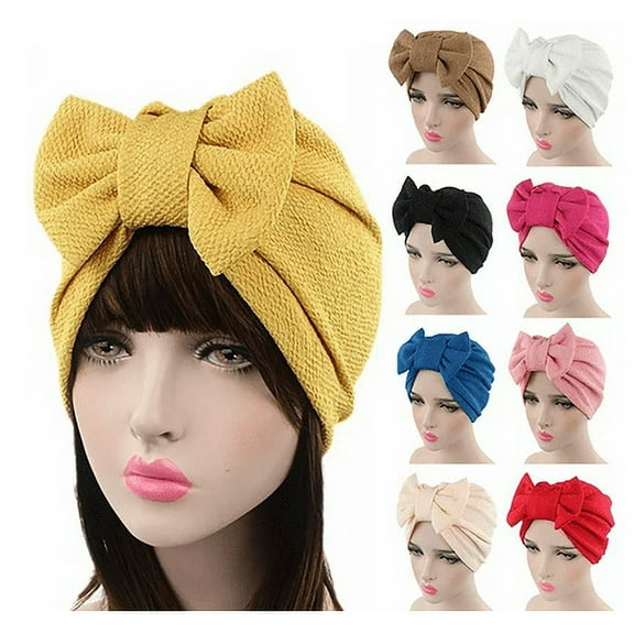SPRING PARK Adult Women Solid Color Stretchy Turban Cancer Chemo Cap Bowknot Pleated Headwrap Hair Hjab Hat