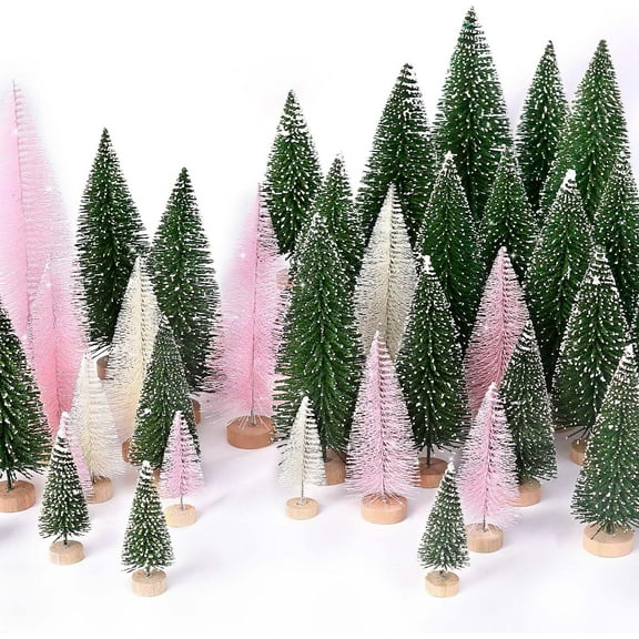 30Pcs Mini Christmas Trees Artificial Christmas Tree Bottle Brush Trees with Wooden Base for Christmas Decor Christmas Party Home Table Craft Decorations(Green Beige Pink)
