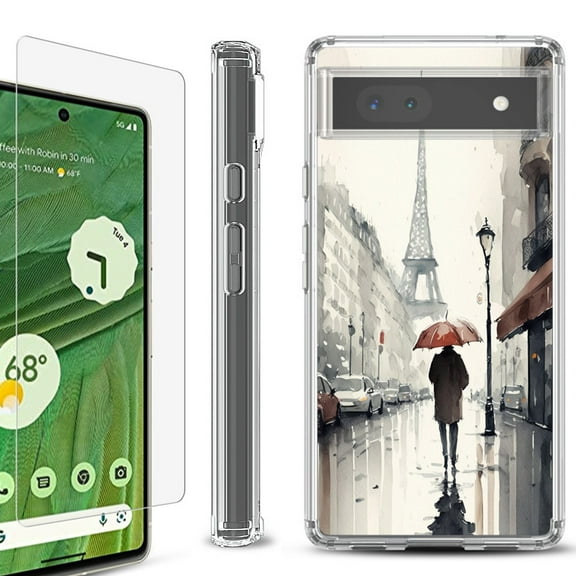 Shockproof Bumper Phone Case for Google Pixel 6a, with Tempered Glass Screen Protector, by OneToughShield ® - Paris in the Rain