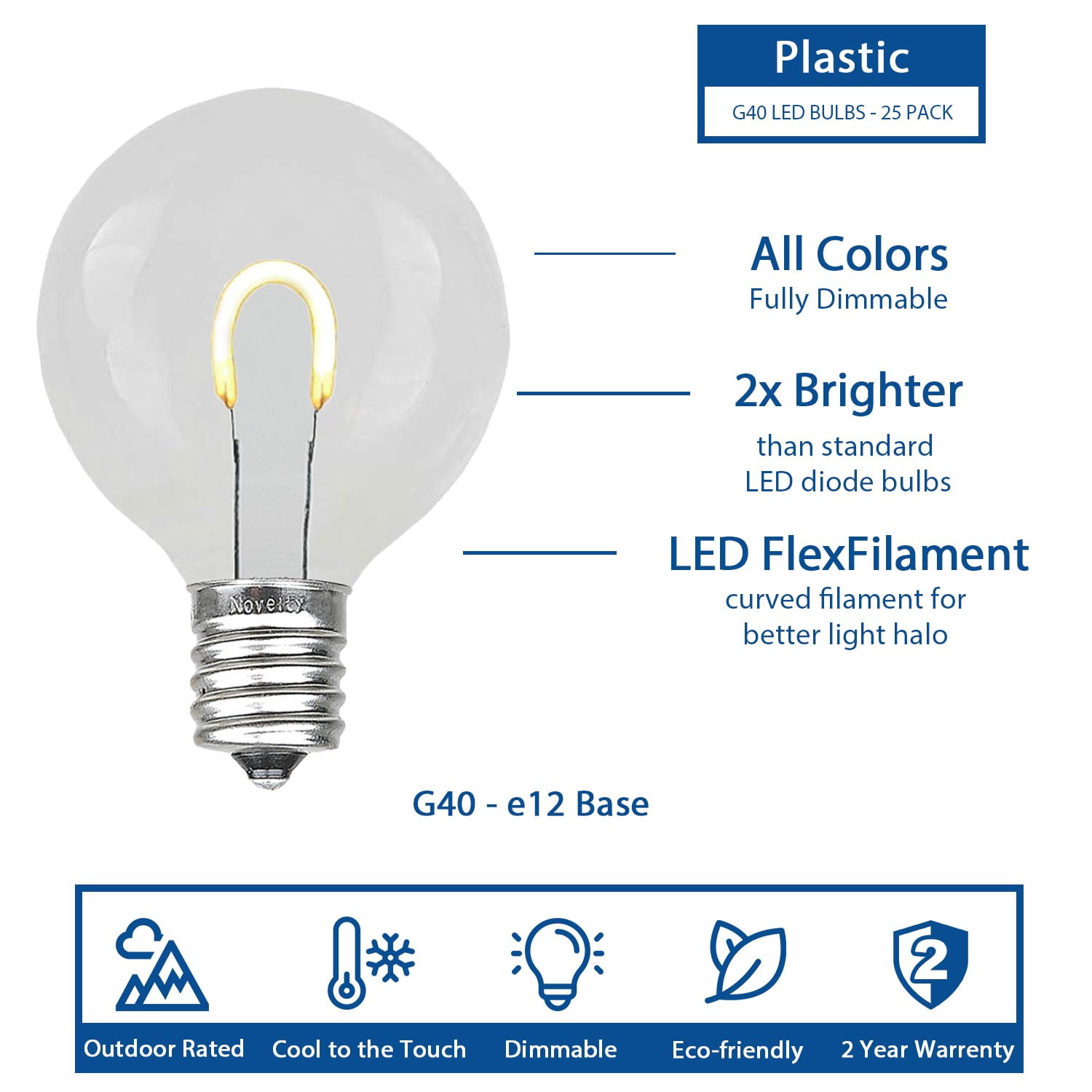 Novelty Lights Red/White/Blue Plastic G40 Globe Hanging Dimmable LED String Light Replacement Bulbs E12 Candelabra Base