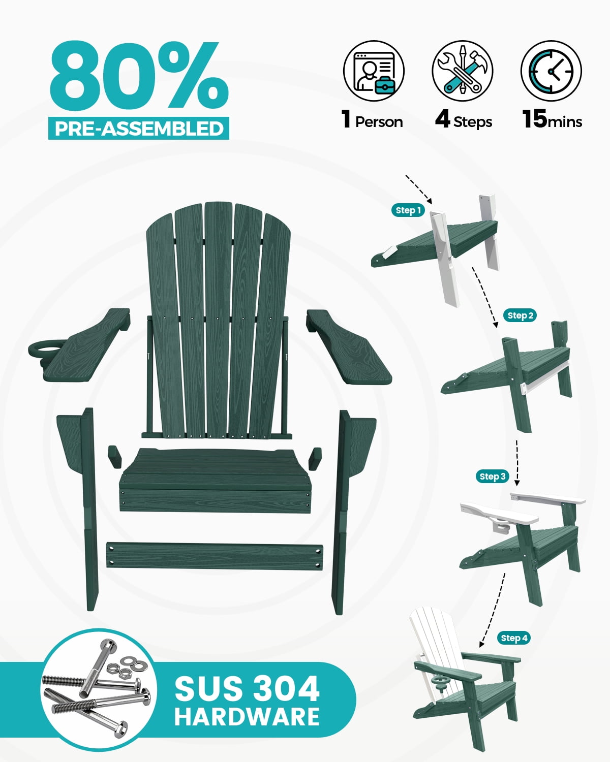 Cobiod Folding Adirondack Chair with Cup Holder, HDPE All-Weather Outdoor Patio Chair, Ergonomic Wood Grain Design for Backyard, Green