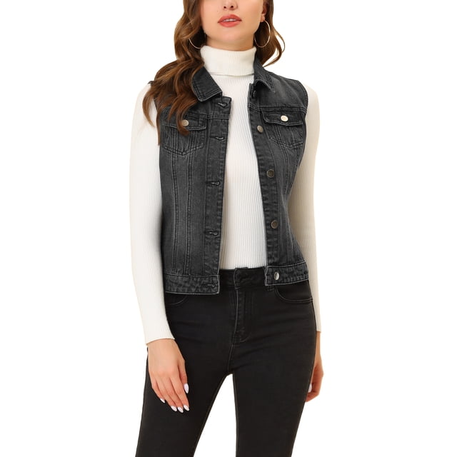 INSPIRE CHIC Women's Washed Denim Button Sleeveless Vest Jacket with Pockets Black XS