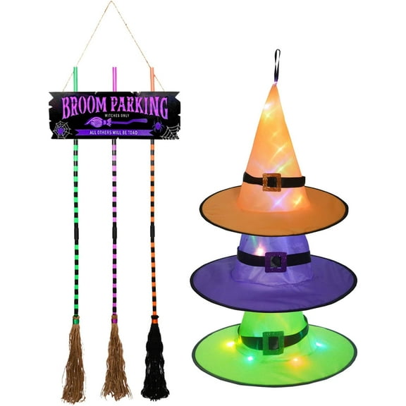 LED Halloween Broom Parking Sign with 3 Witches Brooms and 3 LED Hanging Hats,Light Up Halloween Witches Brooms Decoration for Front Porch Wall,Broom Parking Only Violators Will Be Toad Wall Sign