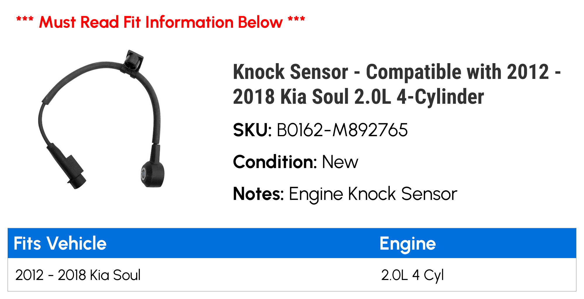 Knock Sensor - Compatible with 2012 - 2018 Kia Soul 2.0L 4-Cylinder 2013 2014 2015 2016 2017