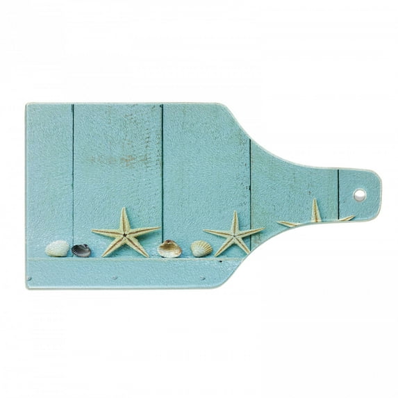 Rustic Wood Cutting Board, Nautical Arrangement of Sea Stars and Shells Illustration with Planks, Decorative Tempered Glass Cutting and Serving Board, in 3 Sizes, by Ambesonne