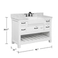 thumbnail image 2 of Farmington 48" Single Bathroom Vanity, 49Wx22Dx34.5H, Carrara Marble Top with 24" Wide Apron-Front Sink & Backsplash, Dove White Solid Wood Cabinet, Pre-Assembled, Soft-Closing Drawers, Open Shelf, 2 of 9