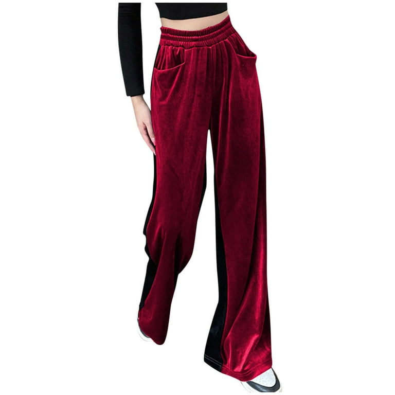 Bigersell Womens Winter Pants Full Length Women Suede Elastic Waist High  Waist Color Blocking Sagging Loose Wide Leg Trousers Length Pants Flare  High