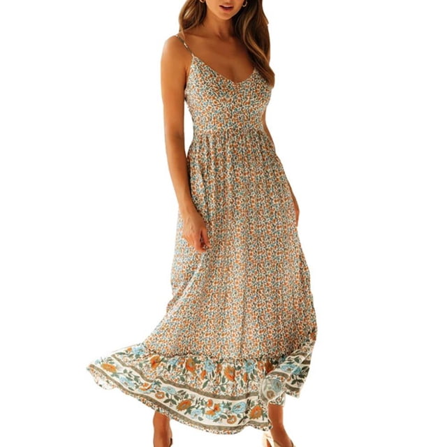 Vacances d'Été Femmes Bretelles Floral Fleur Longue Boho Robe Casual Dames Plage Maxi Robe Robe de Soleil