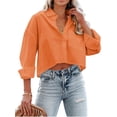 thumbnail image 1 of Langwyqu Turn-Down Collar Women Solid Button Crop Tops Lapel Blouse With Pocket, 1 of 5