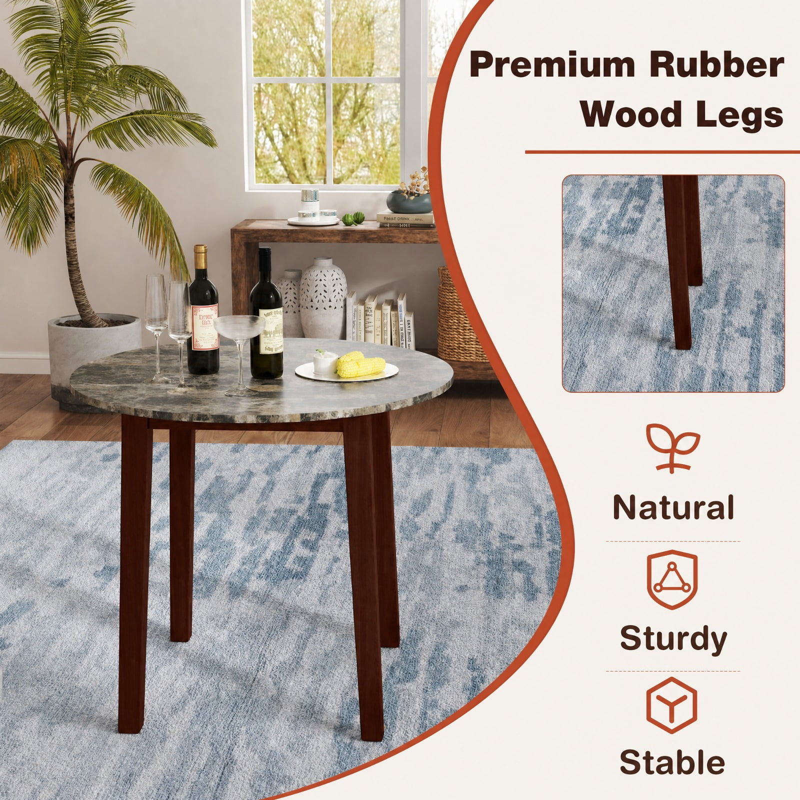 Furnibear 35 Inch Round Dining Table for 4 with Rubber Wood Legs and Marble Textured Veneer Top for Kitchen and Dining Room, Brown