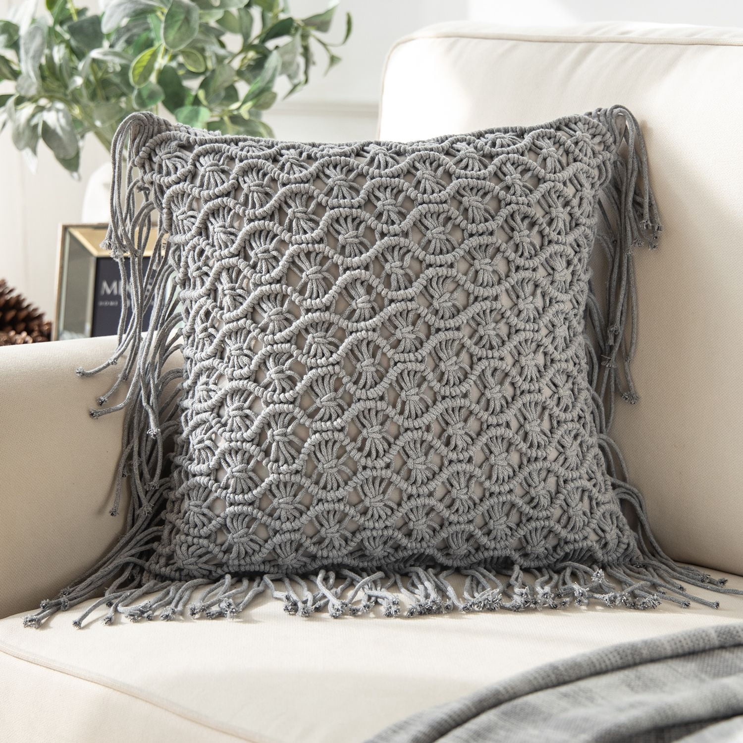 Phantoscope 100% Cotton Handmade Crochet Woven Decorative Throw Pillows, 18 x 18 in Square Cushions with Tassels, Boho Style, Light Gray, 2 Pack