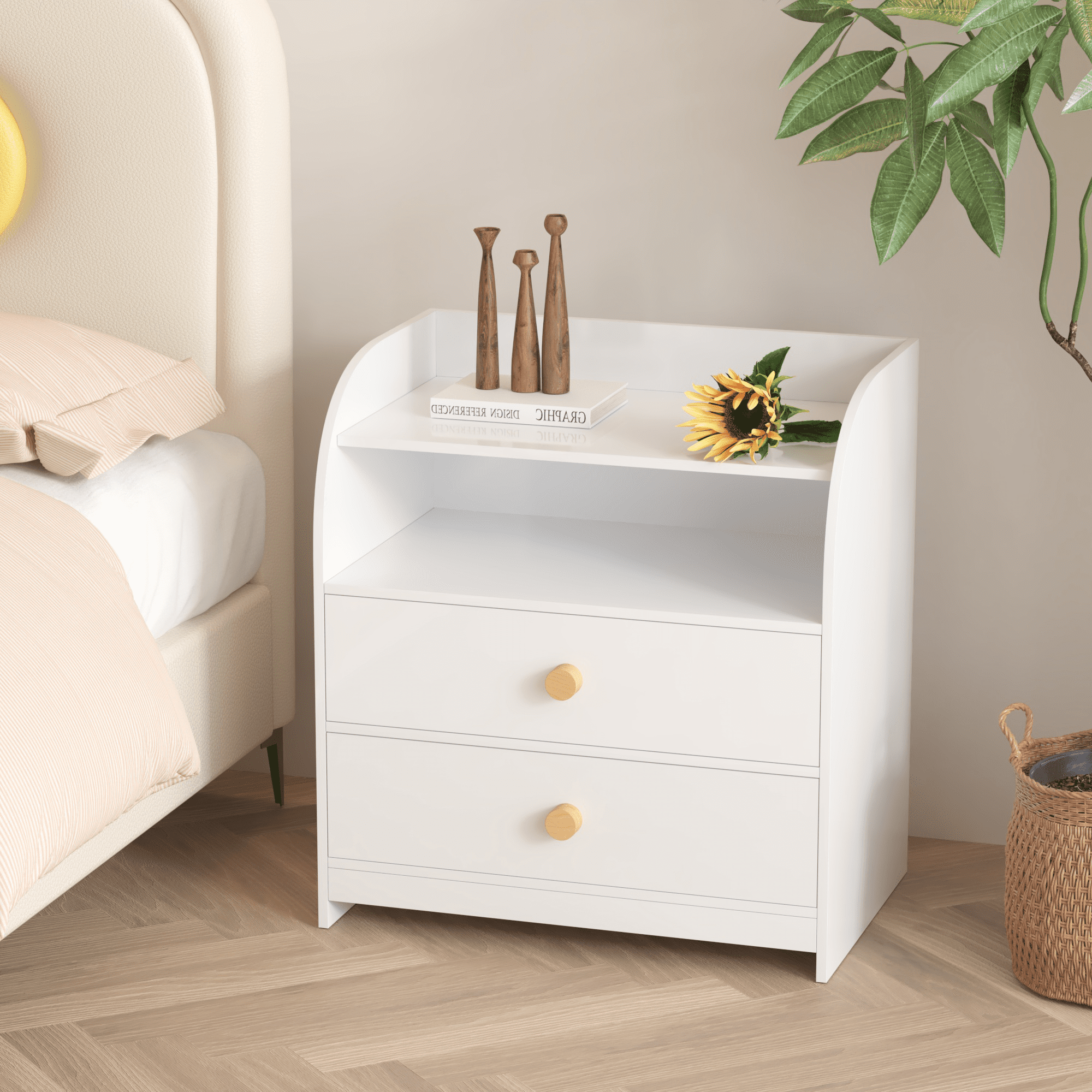White MDF Nightstand with Curved Side Panels 2 Drawers Open Shelf Bedside End Table Storage