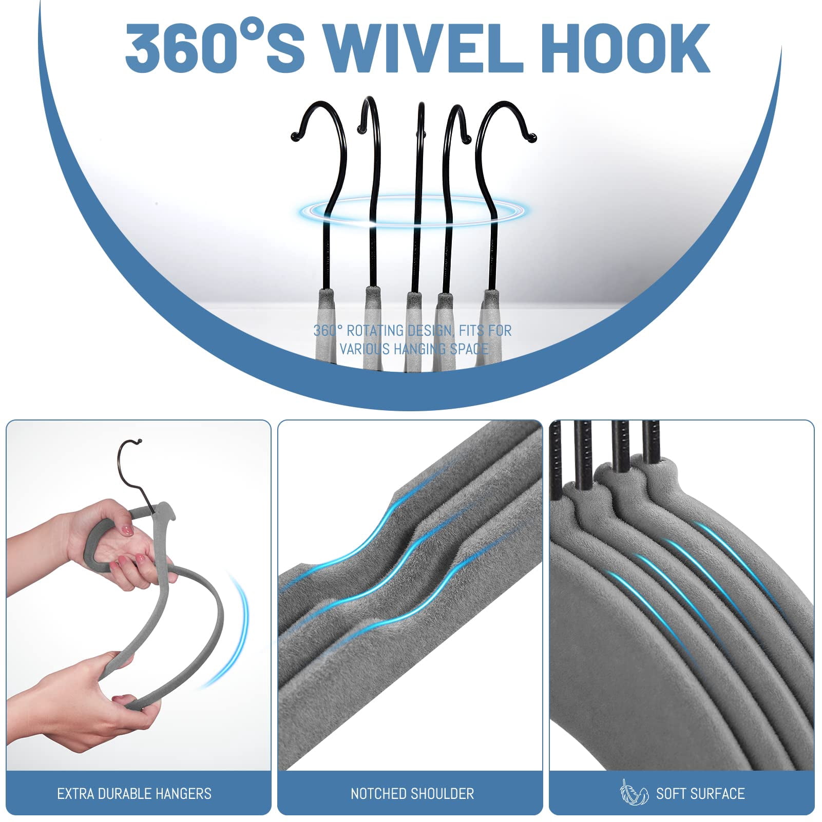 HOUSE DAY Gray Velvet Hangers 60 Pack, Velvet Clothes Hangers Non Slip Felt Hangers, Heavy Duty Coat Hangers for Closet, Ultra Slim Hangers Black Hangers Space Saving Hangers for Suits, Shirt