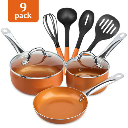 SHINEURI Nonstick 9 PCS Copper Cookware Pots and Pan Set, 8” Round Fry Pan, 1.5qt, 2.5qt Covered Saucepan with 4 Kitchen Utensils Set for Induction, Gas, Electric and Stovetops - Dishwasher (Best Saucepans For Gas)