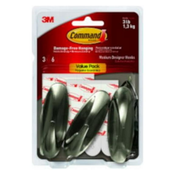 Command 17081BN-3ES Designer Hook, Brushed Nickel, Medium - Quantity 2