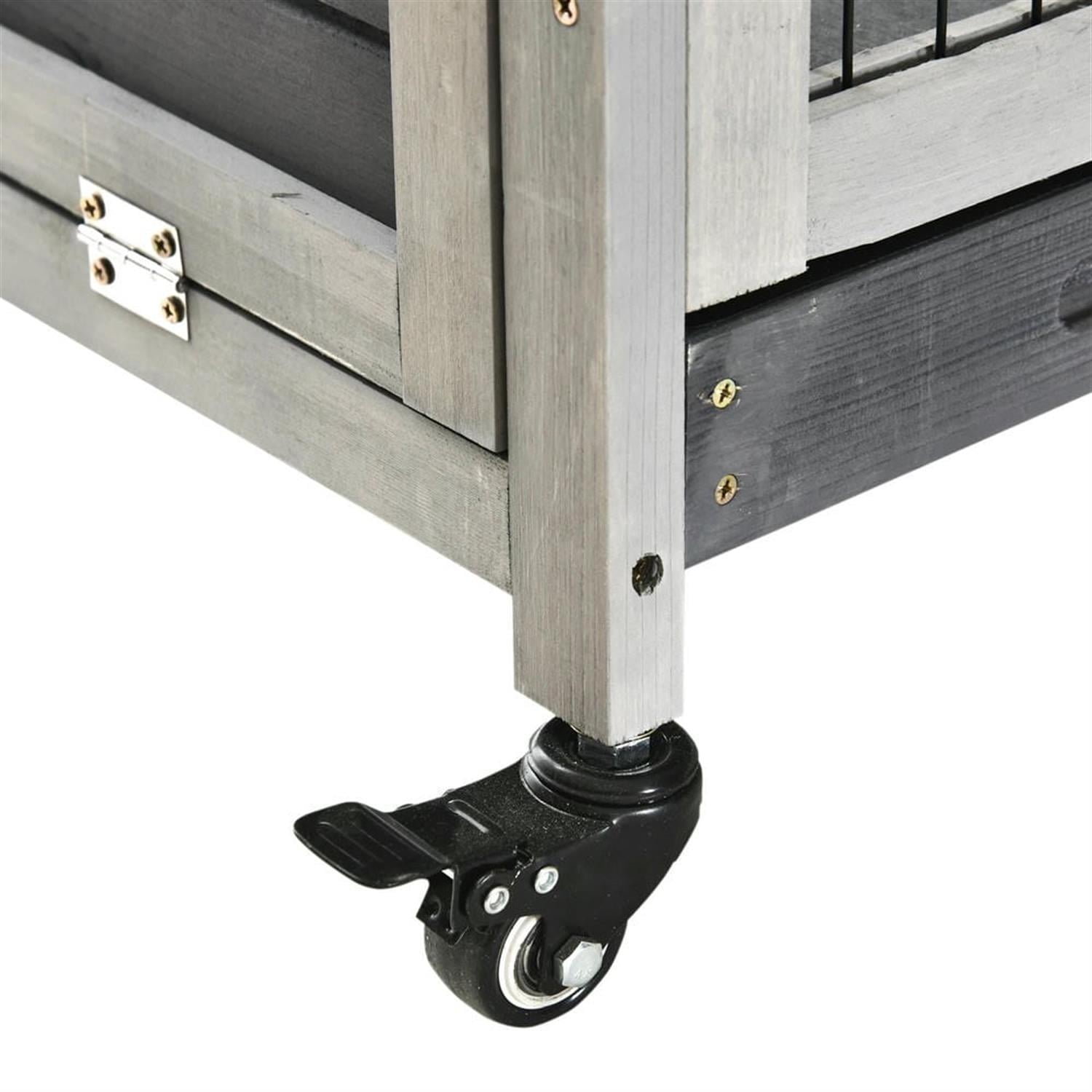 resenkos 35" Indoor Wooden Rabbit Hutch with Enclosed Run and Wheels, Outdoor Bunny Cage for Bunnies, Guinea Pigs, Gray