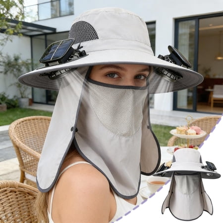 VVQ Solar Fan Sun Hat Outdoor Cooling Hat with Breathable Mesh Neck Face Cover for Hiking Fishing Gardening Adjustable Wide Brim UV Protection Hat for Men Women Gray
