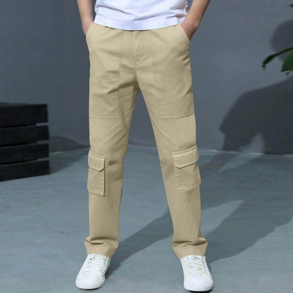 Avrnliq Boys' Khaki Cargo Pants, Multi Pocket Durable Straight Leg Casual Trousers for Kids 3-14 Years, School & Outdoor Play Wear,Size 9-10 T