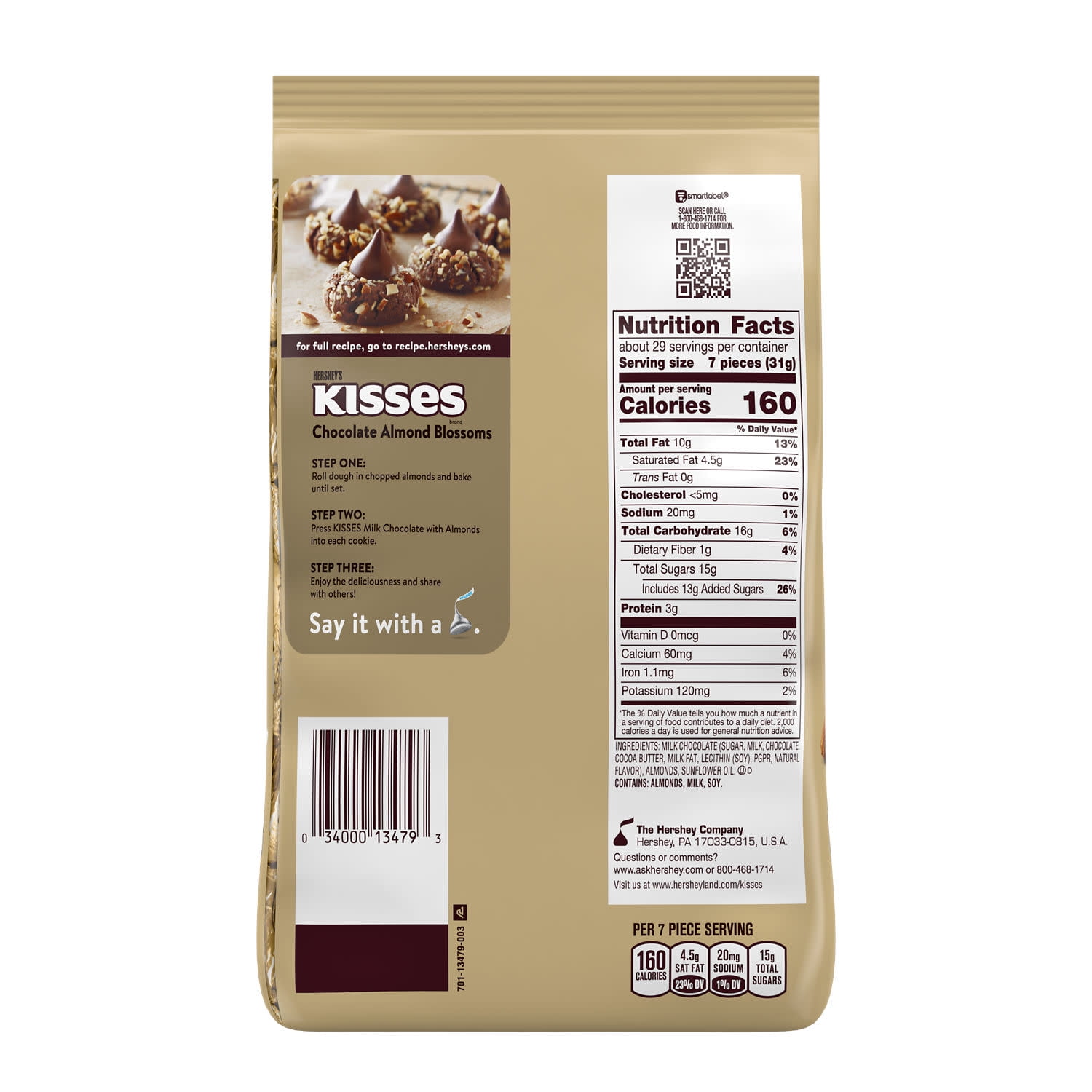 Hershey's Kisses Milk Chocolate with Almonds Candy, Party Pack 32 oz