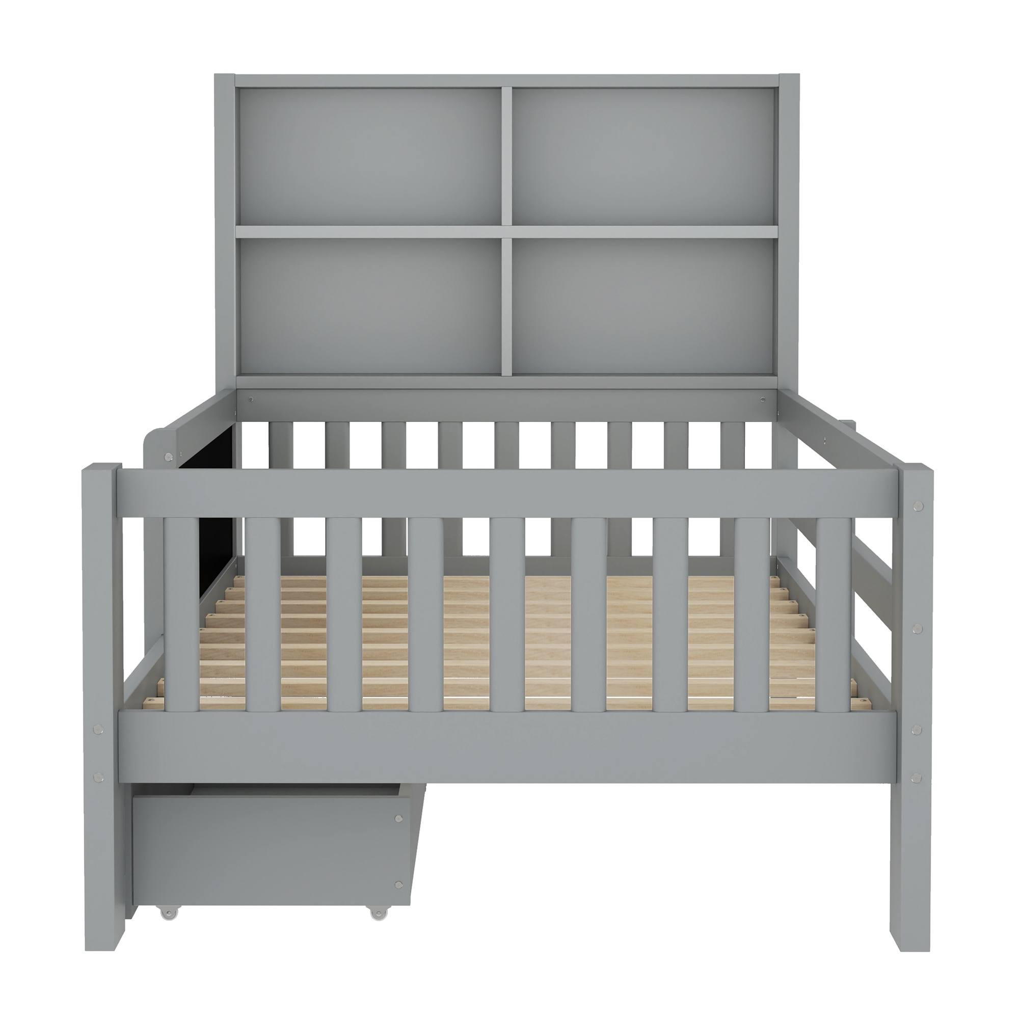 Yoneston Kids Twin Platform Bed with Storage Headboard and Chalkboard, Wood Platform Storage Bed with 2 Drawers & 4 Shelves for Boys Girls, Gray