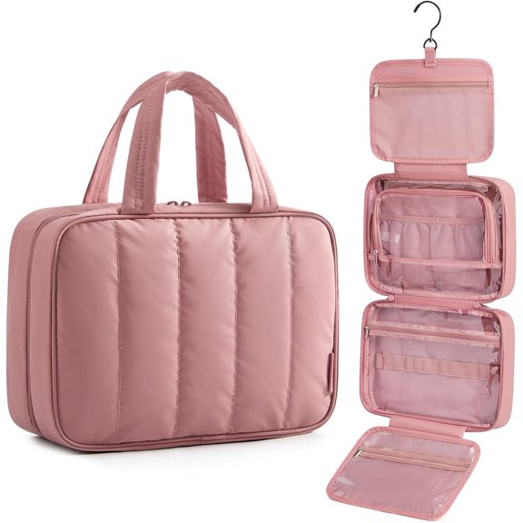 Travel Toiletry Bag for women, Portable Hanging Hook Makeup Bag Organizer, Waterproof Makeup Cosmetic Bag, for Full-Size Accessories, Toiletries, Camel