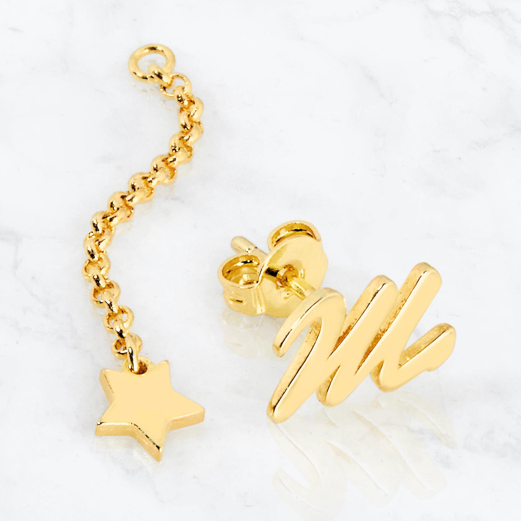 Personalized Planet Women's Script Initial Earring with Star Dangle Button Drop Earrings