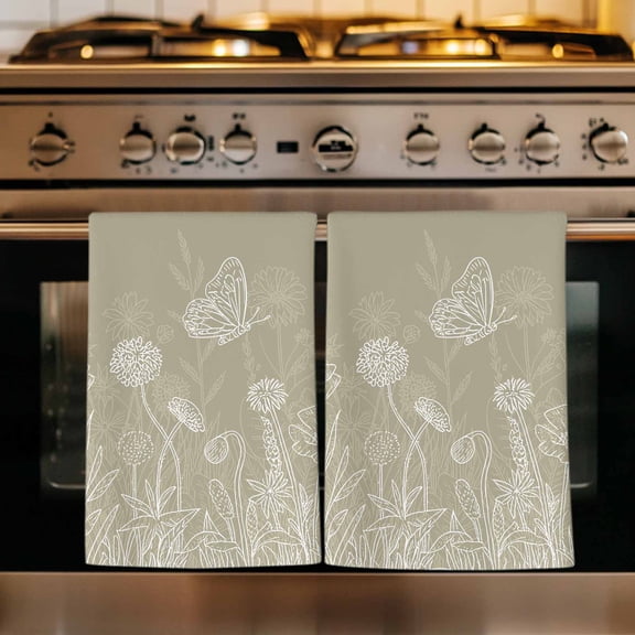 Green Brown Wildflowers Kitchen Towels Set of 1, Modern Floral Butterfly Plant Absorbent Dish Towels for Kitchen, Microfiber Hand Towel, Quick Drying Tea Towel for Cleaning Decorative Dishcloths