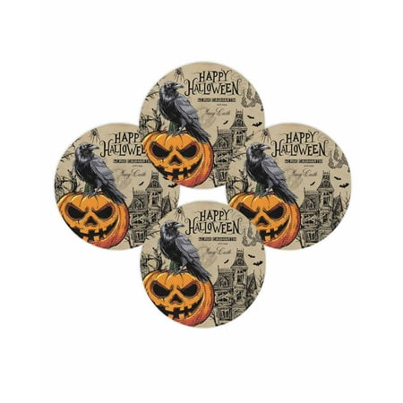 Halloween Round Placemats Set of 4 Grimace Crow Pumpkin Place Mats Washable Woven Placemat Castle Black Bat Cobwebs Circle Braided Table Mat for Kitchen Dining Table Holiday Party Home Decor 15 Inch
