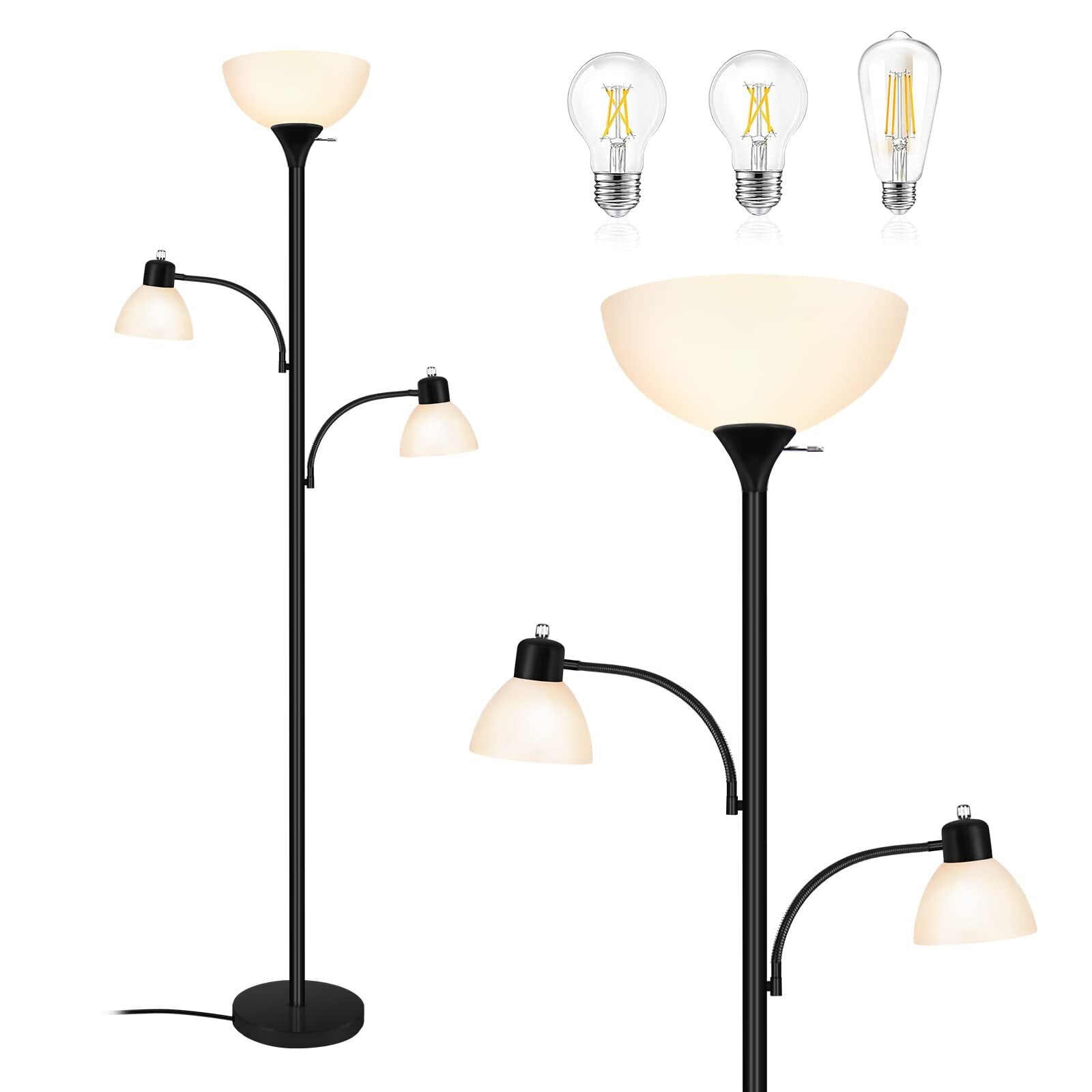 NATYSWAN Floor Lamps for Living Room,Torchiere Floor Lamp with 8W Adjustable Reading Lights, Morden Tall Lamps for Living Room, Bedroom, Office, 3 Bulbs Included