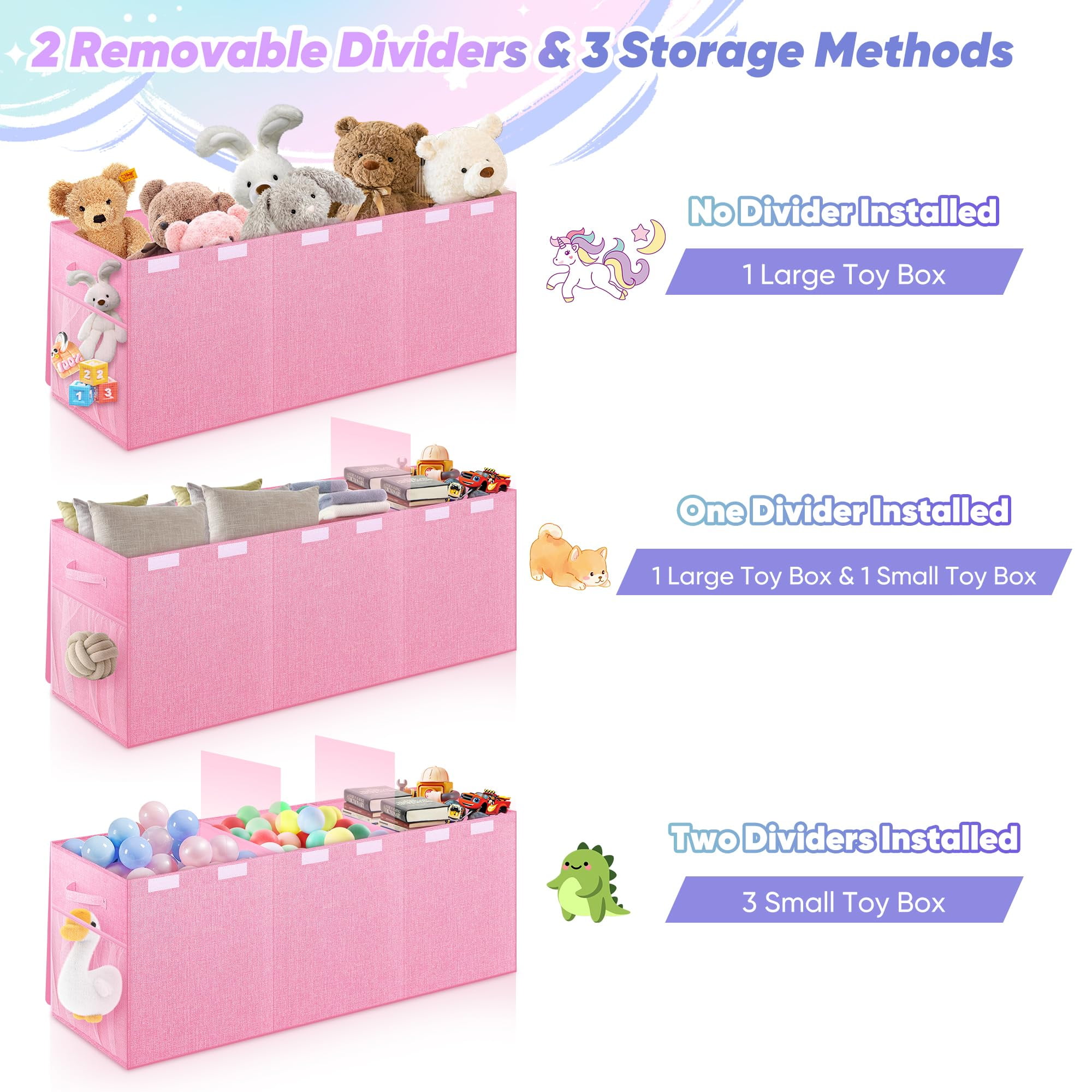 Extra Large Toy Box, Collapsible Sturdy Kids Toy Chest Storage Box with 3 Side bags and Removable Lids, 40"X14"X16"，large toy box for Nursery Room, Playroom,Closet,,School,Black