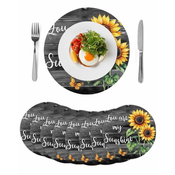 Round Woven Placemats set of 8, Farmhouse Floral Sunflower Washable&Heat Resistant Plastic Wipeable Placemats for Round Table You Are My Sunshine Kitchen Dining Table Decor, 13in, Black