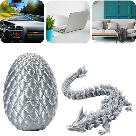 3D Printed Dragon Eggs with Dragon Fidget Toys for Adults, Inside 3D Articulated Dragon Toys, Collectible Crystal Dragon Egg, Figurines-3D Printed Gem Dragon for Autism/ADHD (Silk SLVER)