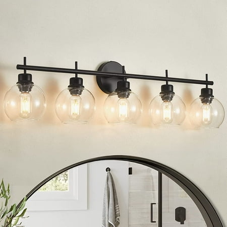 

HJY 5 Light Bathroom Vanity Light Fixtures Black Bathroom Light Fixtures with Global Glass Shade Modern Vanity Light Wall Sconces for Bathroom Bedroom Hallway