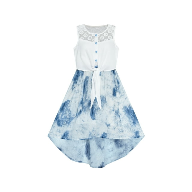 Robe Fille Chiffon Bleu Floral Taille Haute-Basse Fête Princesse 7 Ans