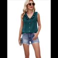thumbnail image 2 of Blusas Casuales para Mujer, Sin Mangas, con Botones, Cuello en V y Volantes, Camisetas de Negocios de Moda para el Verano 2025. Verde Oscuro XL, 2 of 7