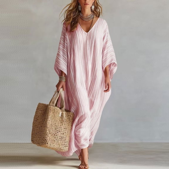 Guieoi Womens Dresses Fall Plus Size Striped Print Loose-Fit Long-Sleeve Rolled-Cuff V-Neck Dress Pink L