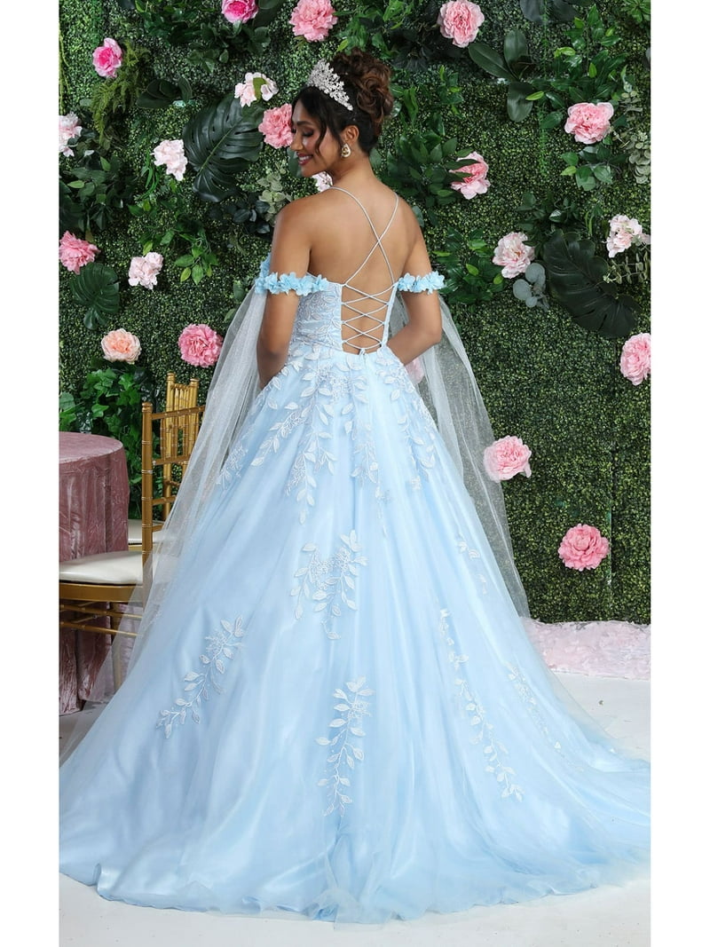 Womens Baby Blue Prom Sweet 16 Quince Party Long Scoop Neck Cape