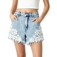 thumbnail image 2 of Generic Big Girls Ripped Jean Shorts Vintage Jorts Cute Lace Trim Crochet Flower Aesthetic Denim Shorts Elastic Waist Wide Leg Jeans, 2 of 9