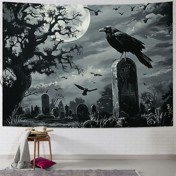 Fenyluxe Halloween Raven Tapestry Scary Crow Full Moon Night Graveyard Spooky Misty Forest Horror Castle Tapestries Wall Hanging for Bedroom Living Room Dorm Background Cloth 40x30inch