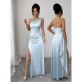 thumbnail image 4 of Womens Baby Blue Satin One Shoulder Ruched Waist High Slit Maxi Evening, 4 of 7