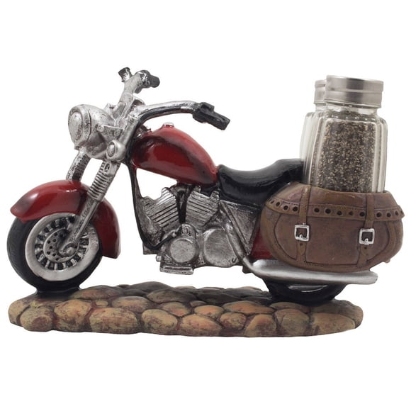 Decorative Red Motorcycle with Glass Salt and Pepper Shaker Set in Saddle Bags for Classic Bike Models & Vintage Chopper Figurines As Biker Bar or Kitchen Table Décor Gifts for Harley Riders