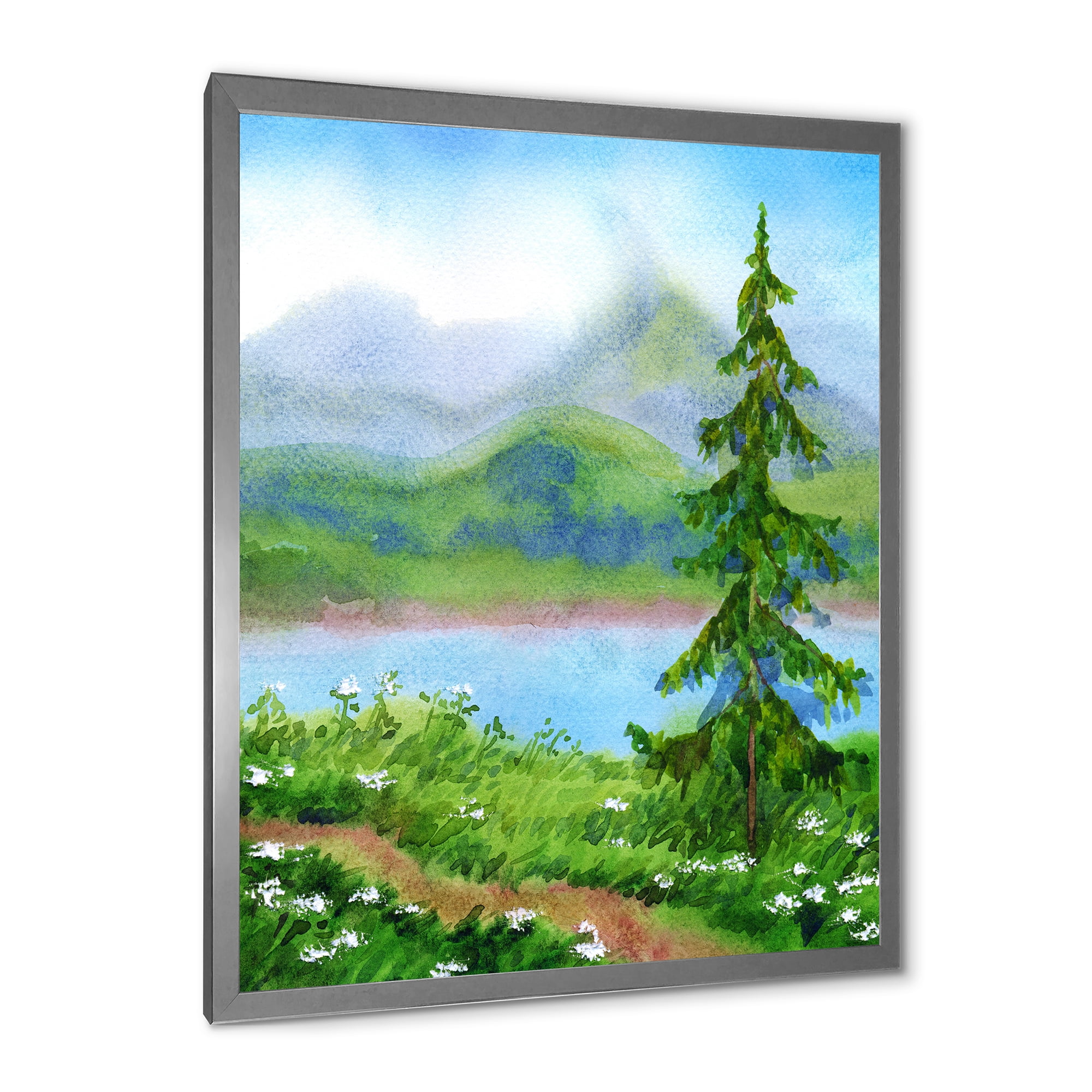 Designart 'Landscape River Spruce Near The Trail On A Hill' Traditional Framed Art Print