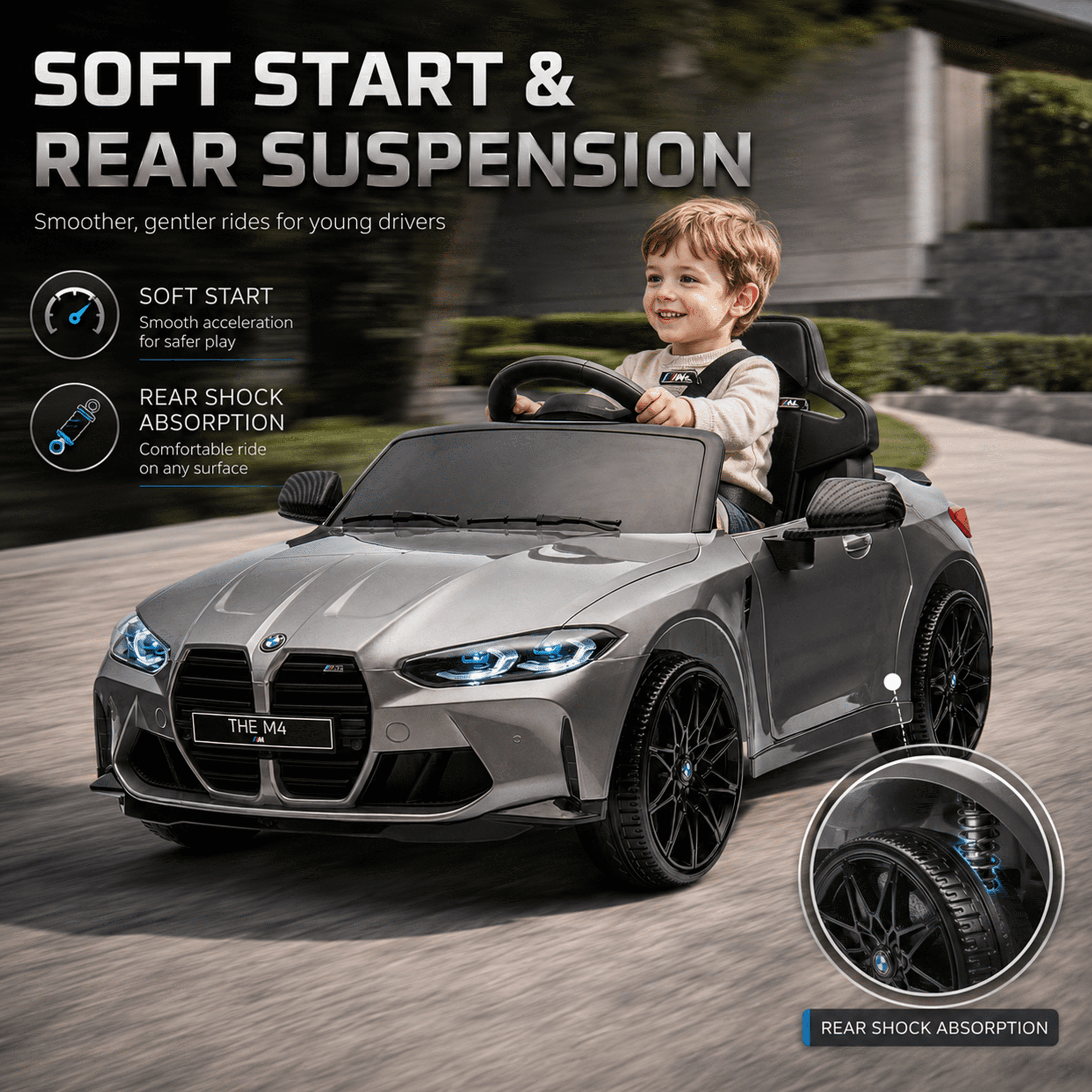 BMW M4 Kids Ride on Car Toy with Remote Control, 24V Powered Ride on Toys Cars W/Bluetooth/USB/MP3, Battery Display, LED, Handle with Wheels & Pull, Electric Car for Boy Girl, Gray