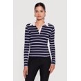 thumbnail image 2 of Women's Almost Famous Ribbed Knit Striped Long Sleeve Polo Shirt, 2 of 4