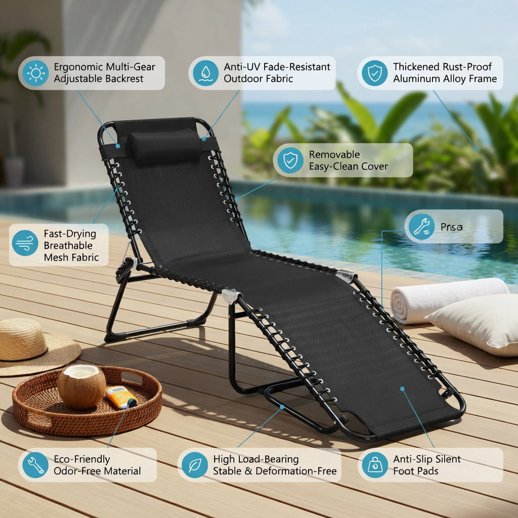 Hommoo Foldable Steel Beach Lounge Chair with Adjustable Backrest & Comfort Pillow, Heavy-Duty Outdoor Chaise for Patio, Lawn, Poolside, Black