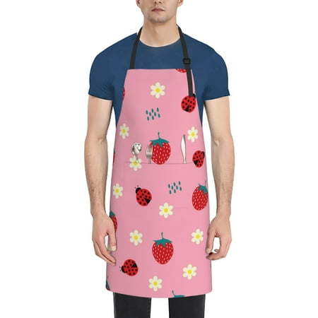 

Rateoe Strawberry and Ladybugs Aprons with Pocket Men Womens Aprons Waterproof Adjustable Cooking Aprons for Kitchen Gardening and Salon